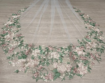 Floral Cathedral Veil, Cathedral Veil, Embroidered Veil Rose Lace Veil , Cathedral Veil, Chapel Veil, Fingertip Veil, Soft Veil