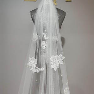 cathedral veil with large floral appliqués floral lace veil chapel veil off white veil