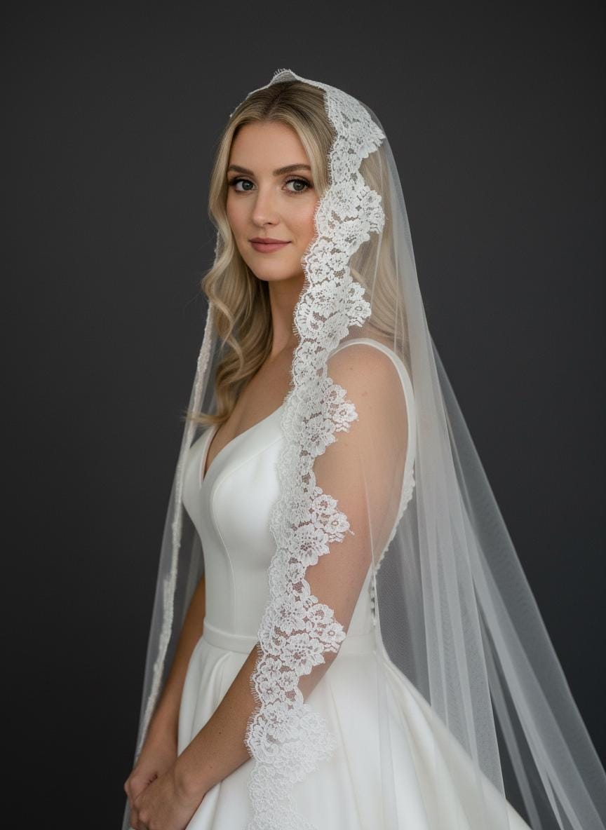 Cathedral Bridal Veil English Net Alençon Lace Beaded Pearl Veil Antique White Pearl Cathedral Length Wedding Veil with Scattered Beading  main image 3