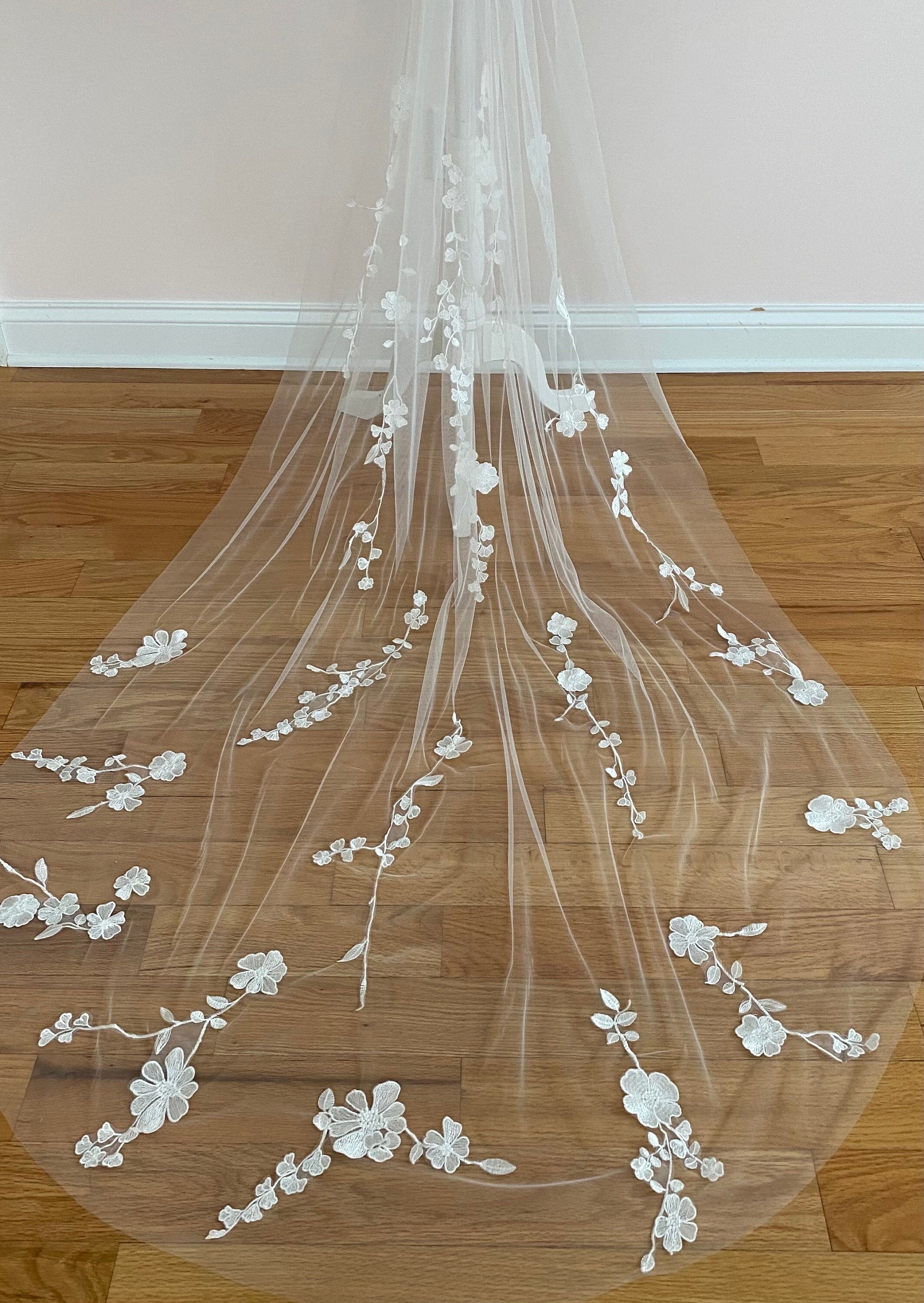 Floral Lace Chapel Veil: Soft Tulle, Handmade in USA