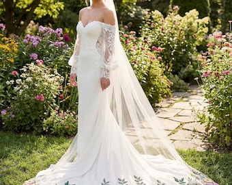Floral Embroidery Cathedral Veil: Soft Tulle, Bright Flowers