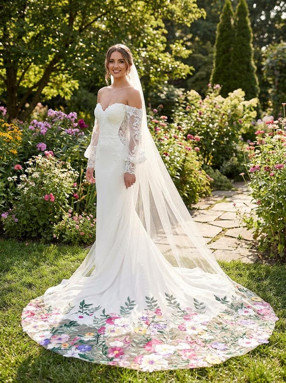 Floral Embroidery Cathedral Veil: Soft Tulle, Bright Flowers  display picture 1