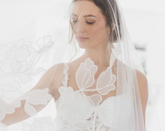 Cathedral Floral Wedding Veil: Two Tier Embroidered Lace, 3D Appliqués