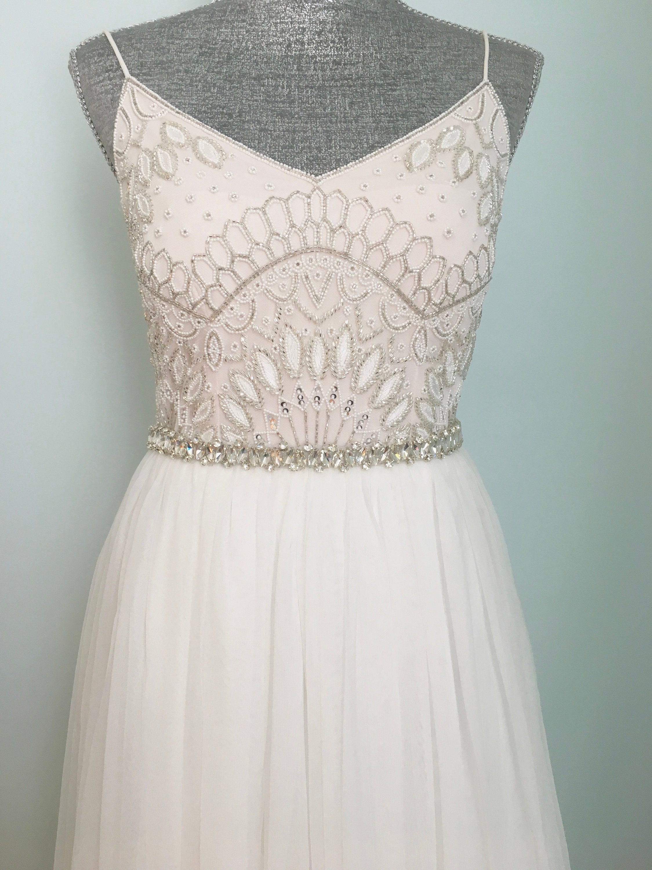 Crystal Bridal Sash: Silver Beaded Belt, Grey Grosgrain 