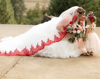 Red Lace Veil | Cathedral Veil | Red Sequined Lace | Red Appliques Veil | White Wedding Veil | Ivory Veil | Chapel Veil | Bridal Gift