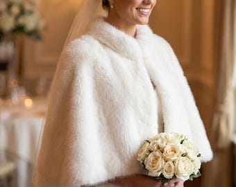 Ivory faux fur bridal cape for brides and bridemaids soft wedding coverup