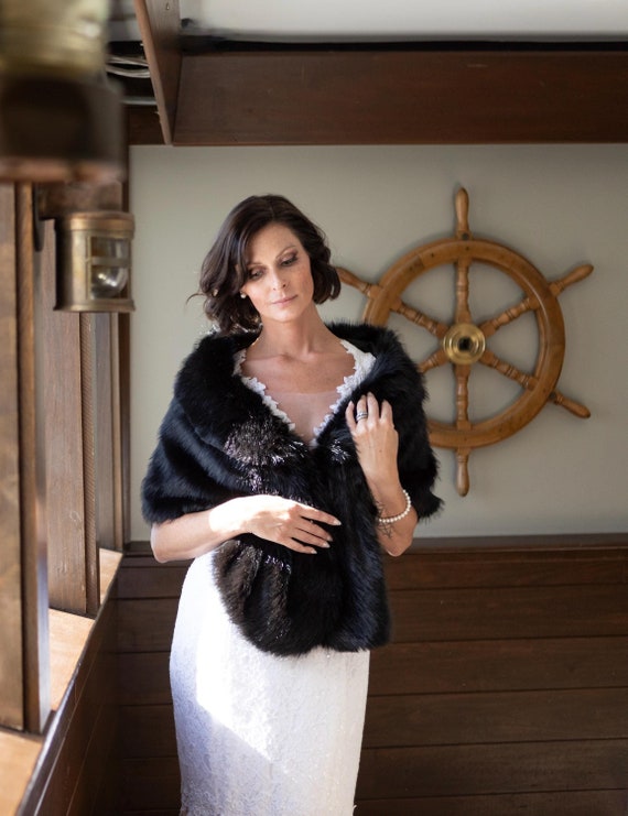 black dress with fur shawl Black Wedding / Bridal Faux Fur Shawl (Lilian Blk03) Sissily Designs