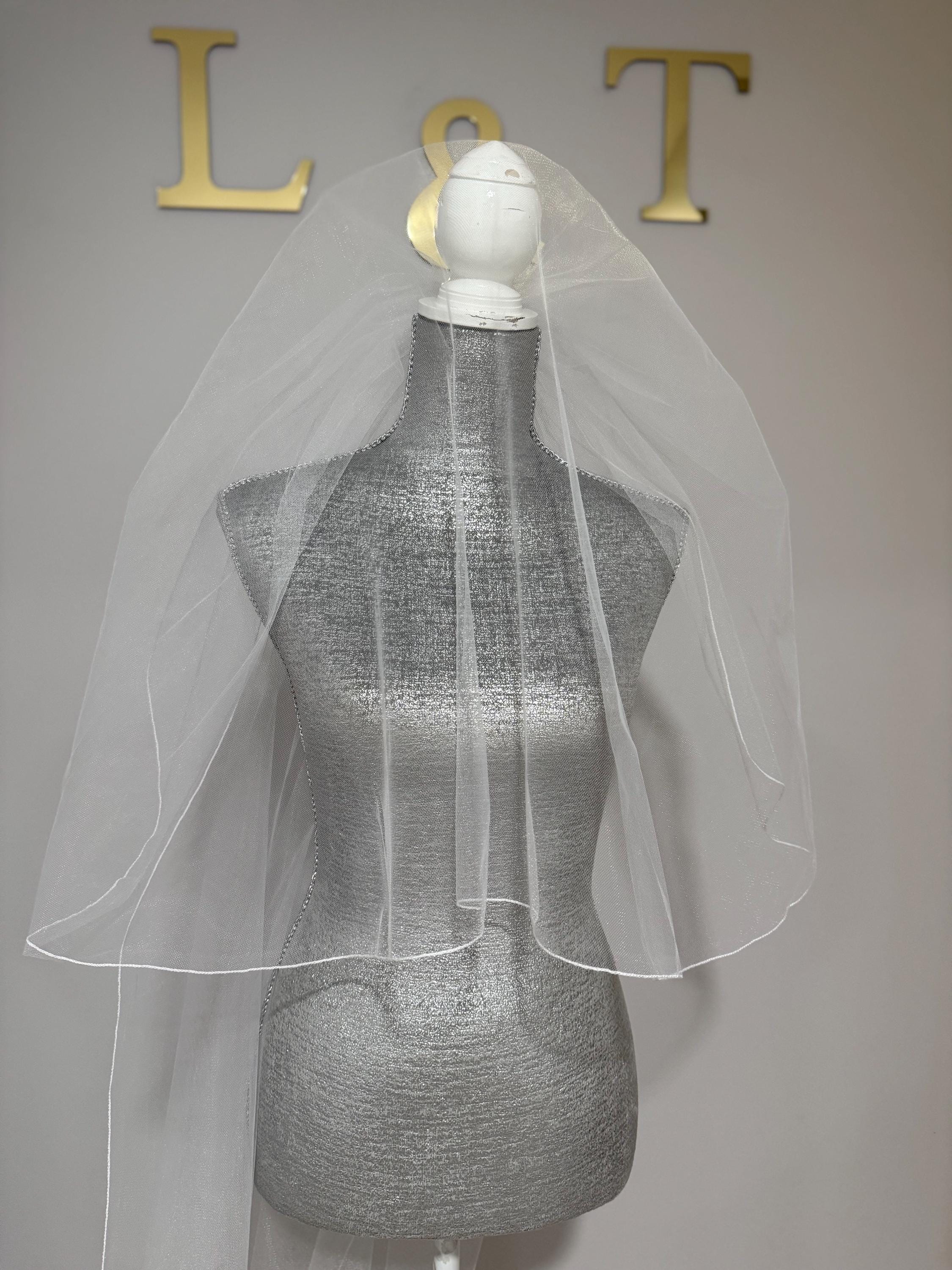 Two Tier Pencil Edge Bridal Veil: Soft English Net, Handmade