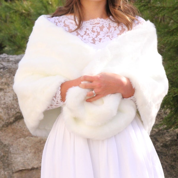 White Faux Fur Shawl, Bridesmaids Shawl, Faux Fur Stole, Cover up, Faux Fur Wrap