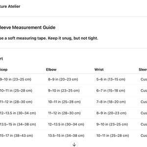 May include: A white document with the text "L&T Couture Atelier" and "Bridal Sleeve Measurement Guide." A size chart lists measurements for bicep, elbow, and wrist in inches and centimeters. Sleeve length is listed as custom for sizes XS to XXL.