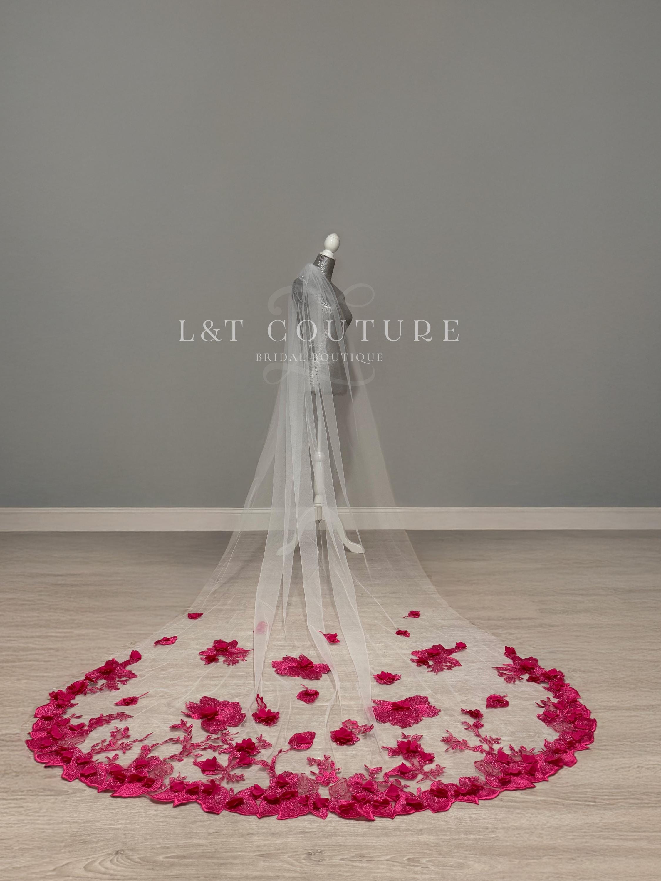 Hot Pink Floral Cathedral Veil: Embroidered Lace, 3D Appliqués - Etsy