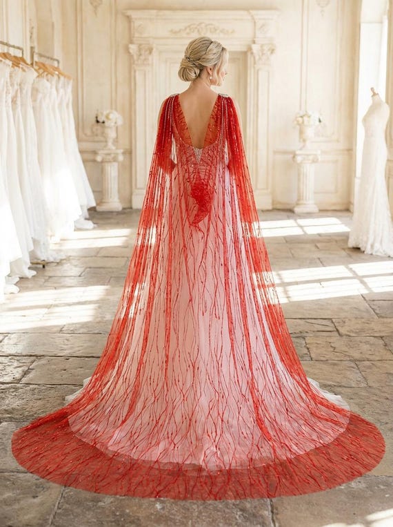 Red Lace Rhinestone Cathedral Veil – Mantilla Style Lace Red Bridal Veils for sale | eBay main image 2