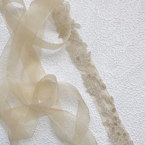 Champagne Floral Lace Wedding Sash: Ivory Ribbon Bridal Belt
