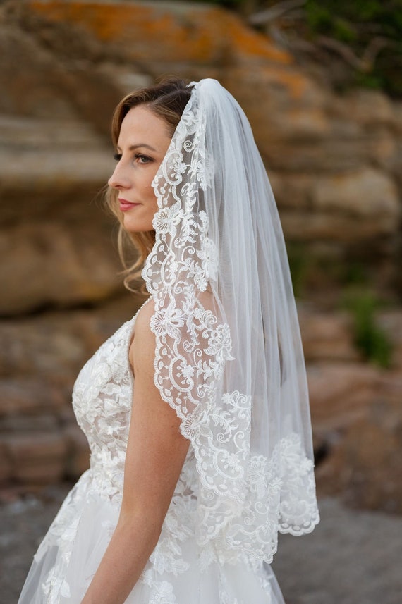 Customizable Lace Cut Edge Cathedral Length Wedding Veil Cathedral