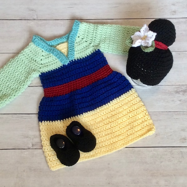 Crochet Mulan Set/Mulan Newborn Photography Prop/Infant Halloween Costume/Cake Mash Session/Baby Shower Gift/Disney Princess