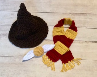 Crochet Wizard Newborn Photo Prop Set: Hat, Scarf & Snitch
