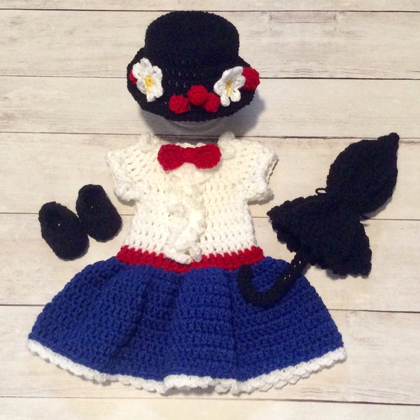 Crochet Mary Poppins Set/Mary Poppins Recién nacido Fotografía Prop/Disfraz de Halloween infantil/Sesión de puré de pastel/Regalo de baby shower/Mary Poppins