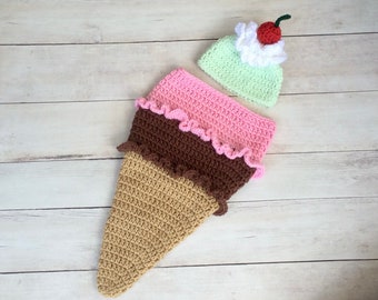 Crochet Ice Cream Cone Cocoon/Newborn Photography Prop/Infant Halloween Costume/Spumoni/Ice Cream Scoops/Baby Shower Gifts/Baby Cocoon