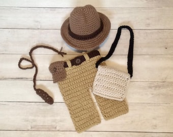 Crochet Indiana Jones Set/Newborn Photography Prop/Infant Halloween Costume/Baby Shower Gifts/Indiana Jones Cake Smash Props/Raiders Baby