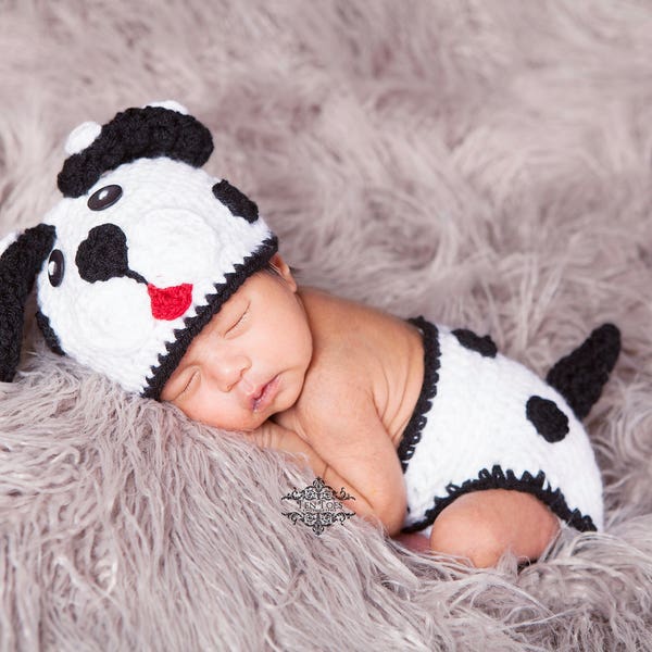 Ensemble bonnet et couvre-couche dalmatien au crochet/accessoire de photographie de nouveau-né/costume d'Halloween pour bébé/cadeaux de baby shower/accessoire photo de bris de gâteau