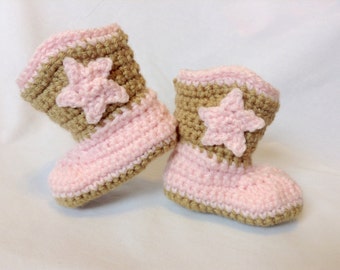 Crochet Baby Cowboy Boots: Pink & Tan, Star Detail