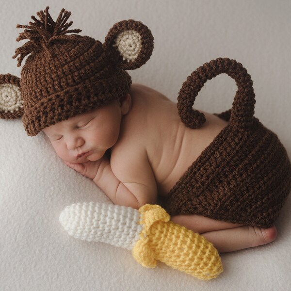 Crochet Monkey Baby Newborn Photography Prop/Infant Halloween Costume/Baby Shower Gift/Baby Monkey and Banana/Rainforest/Chimp/Cake Smash