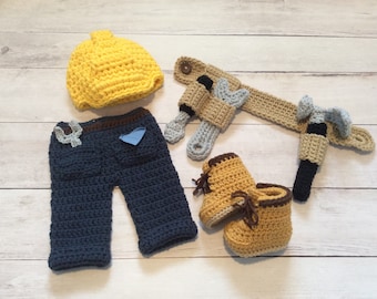 Crochet Construction Worker  Newborn Photo Prop/Crochet Handyman Set/Baby Shower Gift/Infant Halloween Costume/Cake Smash Session Photo Prop