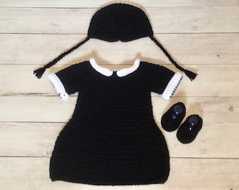 Crochet Wednesday Addams Set/Newborn Photography Prop/Infant Halloween Costume/Wednesday Addams Costume/Baby Shower Gift/Cake Smash Props