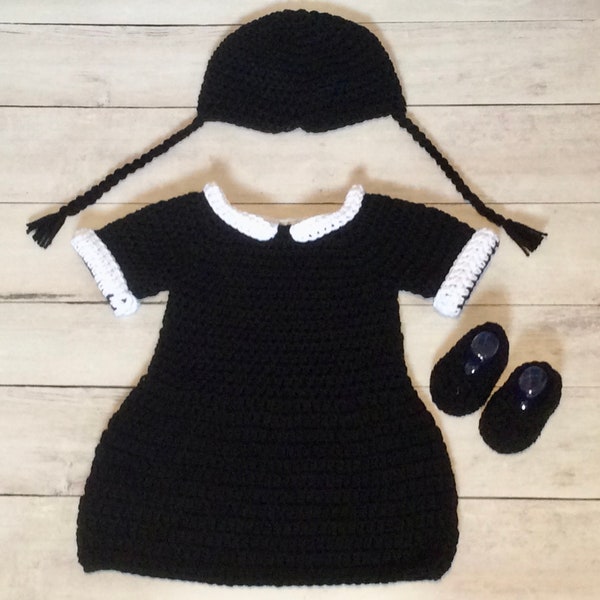 Crochet Wednesday Addams Set/Newborn Photography Prop/Infant Halloween Costume/Wednesday Addams Costume/Baby Shower Gift/Cake Smash Props