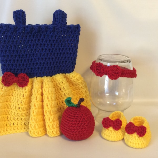 Crochet Snow White Set Photography Prop/Newborn Photo Prop/Infant Halloween Costume/Baby Shower Gift/Baby Girl Dress/Snow White Photo Prop