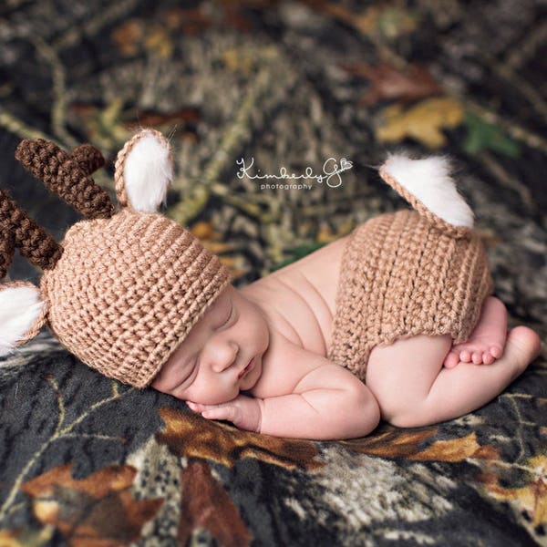 Crochet Whitetail Deer Newborn Baby Photo Prop/Cubierta de pañal/Conjunto de gorro/Regalo de baby shower/Accesorios de fotografía/Disfraz de Halloween para recién nacidos