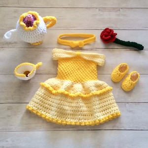 Crochet Belle Dress /Photography Prop Set/Beauty and the Beast/Infant Halloween Costume/Newborn Photo Prop/Baby Shower  Gift/Cake Smash