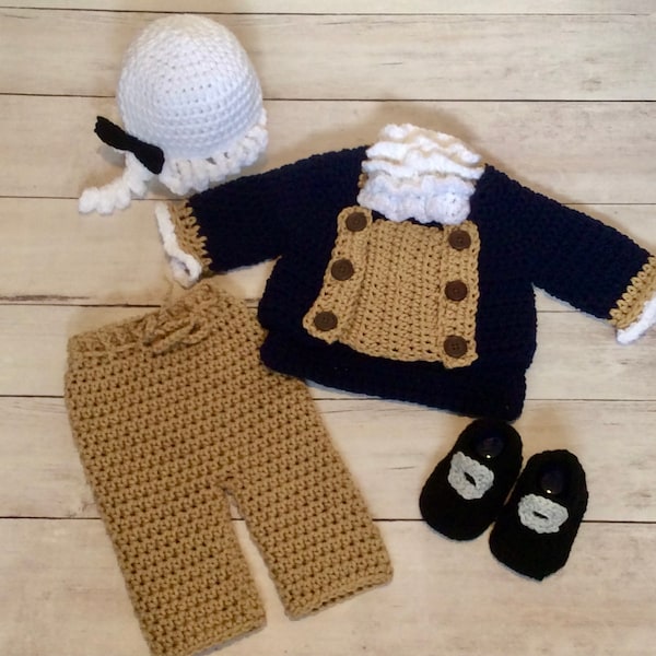 Crochet George Washington Costume/Newborn Photography Prop/Infant Halloween Costume/Crochet President Set/George Washington Cake Smash Prop