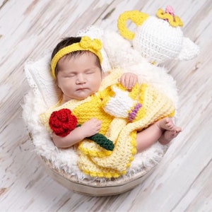 Crochet Belle Dress /Photography Prop Set/Beauty and the Beast/Infant Halloween Costume/Newborn Photo Prop/Baby Shower  Gift/Cake Smash