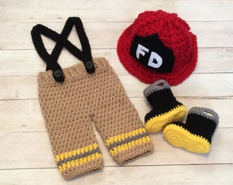 Crochet Fireman Set/Firefighter Newborn Photo Prop/Infant Halloween Costume/Baby Shower Gift/Cake Smash Prop/Firefighter Photography Prop