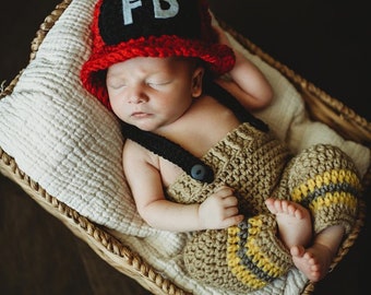 Crochet Fireman Set/Firefighter Newborn Photo Prop/Infant Halloween Costume/Baby Shower Gift/Cake Smash Prop/Firefighter Photography Prop