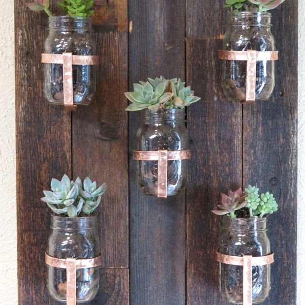 Reclaimed Wood Mason Jar Planter with Hand Hammered Copper Banding