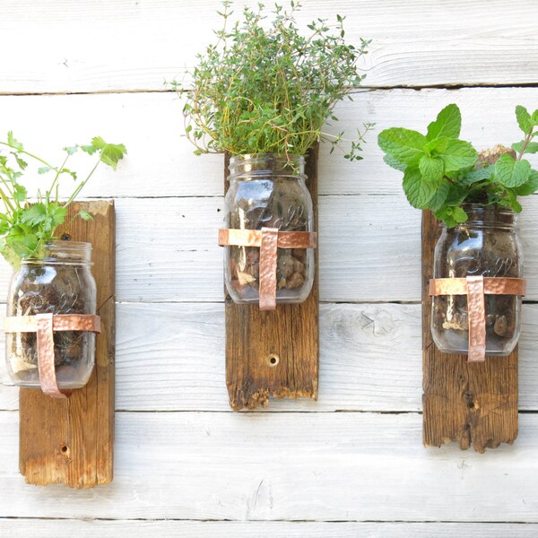 3 Pack - Reclaimed Wood Mason Jar Wall Sconces - Planters