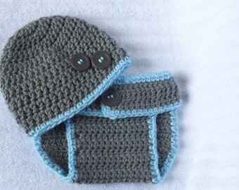 Baby Boy Diaper Cover Set, Gray and Blue Diaper Cover Set, Newborn Photography Prop, Newborn Diaper Cover Set, Boy Diaper Cover and Beanie