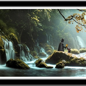 May include: A dark figure in a black cape stands on a rock with a small figure in a white shirt and black pants. They are both looking at a waterfall in a lush green forest.