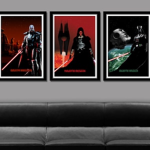 May include: Three framed posters featuring Darth Vader, Darth Revan, and Darth Malak from the Star Wars universe. Each poster features a black background with a red lightsaber and the character's name in white text.