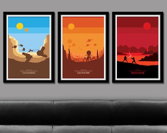 May include: Three minimalist Star Wars movie posters with a black frame. The posters feature the planets Tatooine, Geonosis, and Mustafar with the movie title and episode number at the bottom.