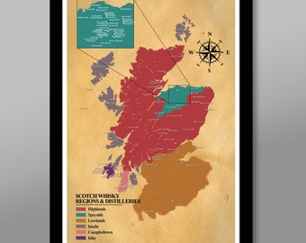 Classic Whiskey/Scotch Distilleries Map - Whiskey Poster - 13x19, 16x24 or 24x36 Inches - Whiskey Lover Gift - Whiskey Tasting Map