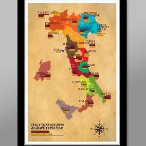 Affiche classique des régions viticoles italiennes et des types de raisin - 33 x 19 40 x 61 cm ou 61 x 91 cm - Décoration d'intérieur