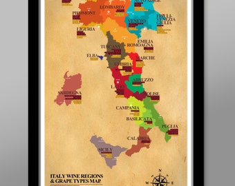 Classic Italian Wine Regions & Grape Types Poster - 13x19 16x24 or 24x36 Inches - Home Decor