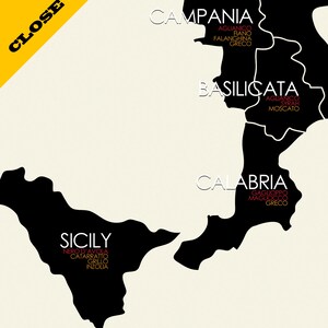 May include: A map of Italy showing the different regions and the grape varieties grown in each region. The regions are highlighted in black and the grape varieties are listed in red.