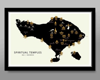 Bali Spiritual Temples Map Poster - 13x19, 16x24 or 24x36 Inches