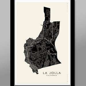 Carte minimaliste de La Jolla - San Diego - décoration d'intérieur 33 x 19, 16 x 24 ou 61 x 91 cm