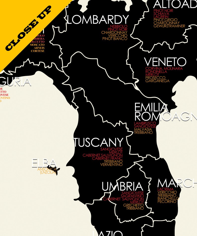 May include: A black and white map of Italy with the names of the different wine regions and the most common grape varieties produced in each region. The map is on a cream-colored background.