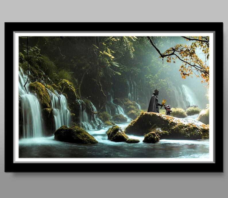 May include: A dark figure in a black cape stands on a rock with a small figure in a white shirt and black pants. They are both looking at a waterfall in a lush green forest.